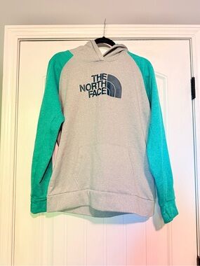 The North Face Hooded Pullover - Gray Body with Teal Sleeves